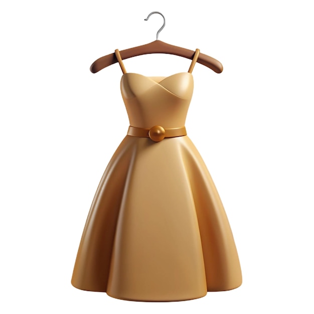 PSD a gold dress hangs on a hanger with a brown belt