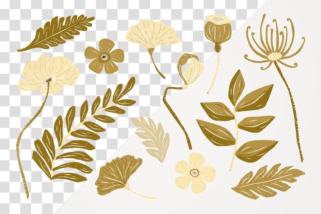 PSD gold flower png sticker botanical clipart set