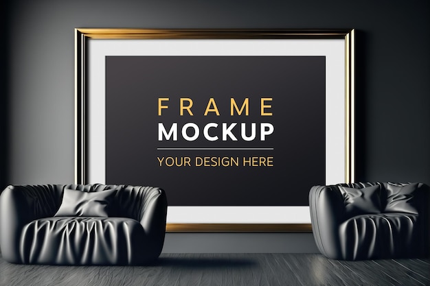 Gold frame in dark modern living room Mockup