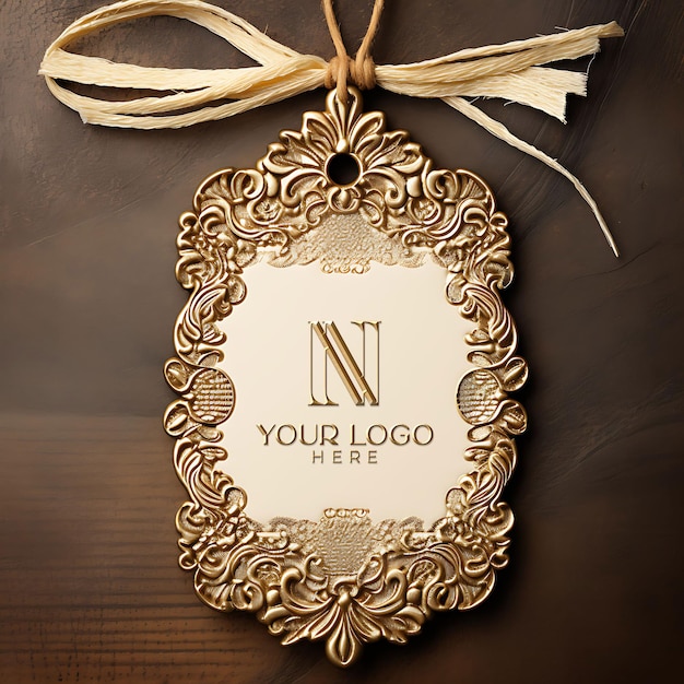 PSD a gold framed mirror with a gold ribbon and a ribbon that says quot your logo here quot