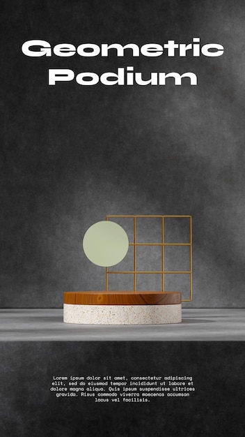 gold grid and concrete wall 3D render blank space wood and terrazzo texture podium in portrait