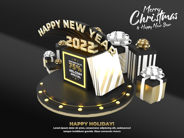 Gold Happy New Year 2022 and Christmas holiday celebration and advertisement social media poster