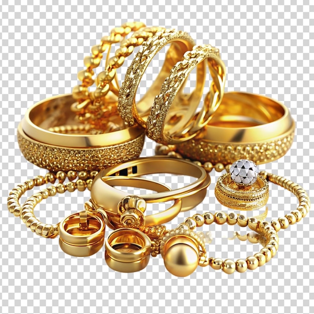 Gold jewelry set with a necklace earrings and rings on transparent background