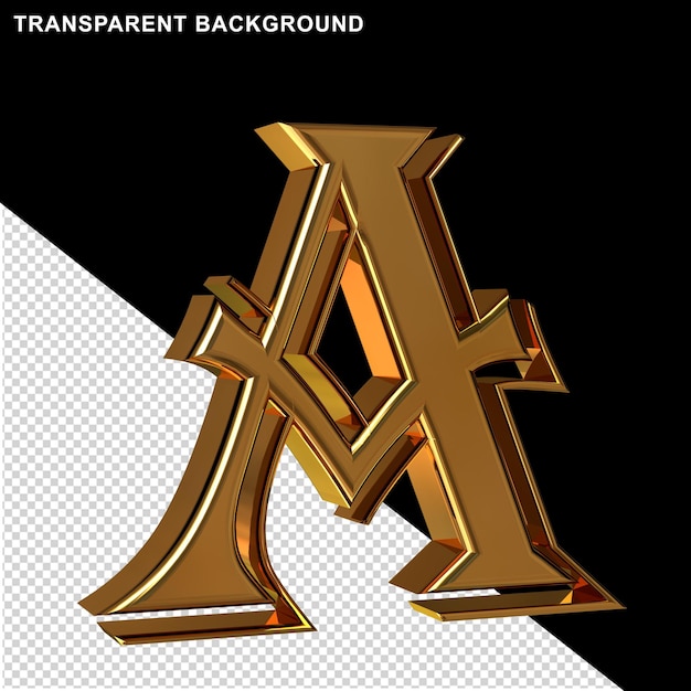 Gold letters view from left. 3d letter a