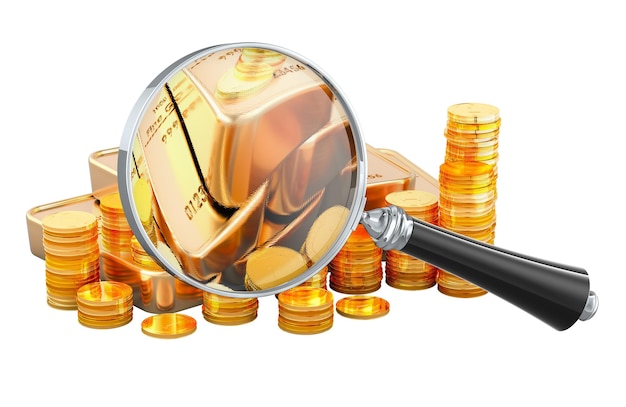 Gold Market Analysis concept Golden coins and gold bars with magnifier 3D rendering isolated on transparent background