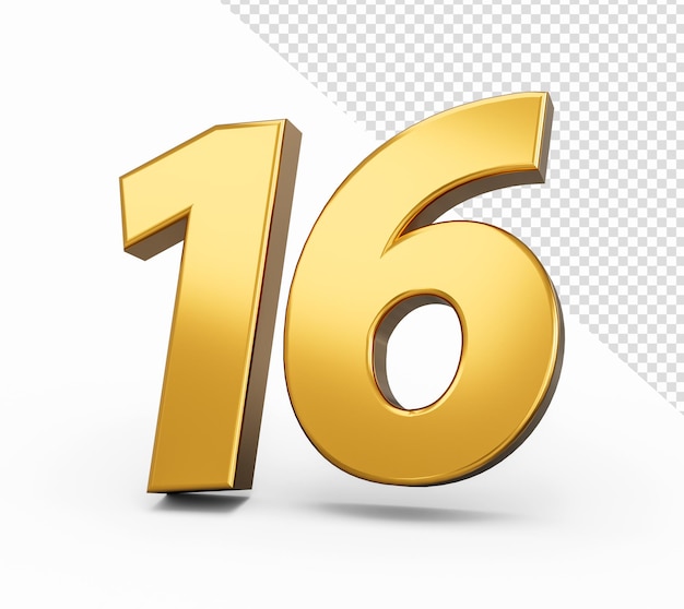 Gold number 16 Sixteen isolated background shiny 3d number 16 made of gold 3d illustration