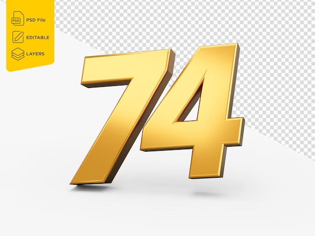 Gold number 74 Seventy four on isolated background shiny 3d number made of gold 3d illustration