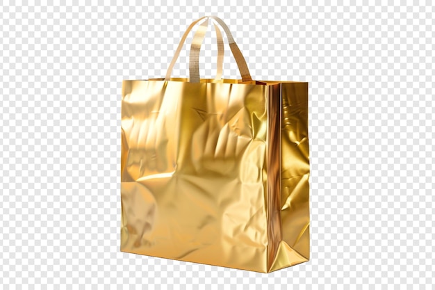 PSD gold paper shopping bag isolated on transparent background