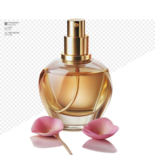 PSD gold perfume bottle with flower petals on a transparent background