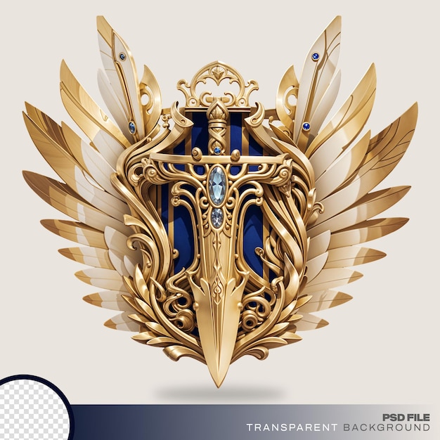 PSD a gold shield emblem with a gold wing with gold background psd file