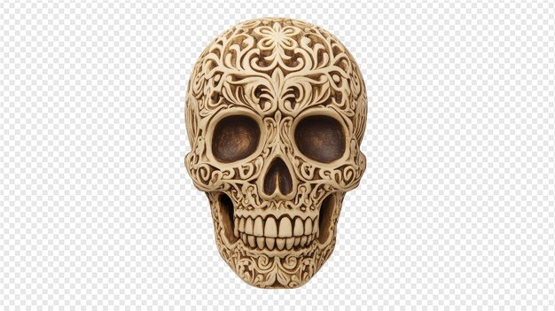 PSD a gold skull with a pattern of the leaves and the words no