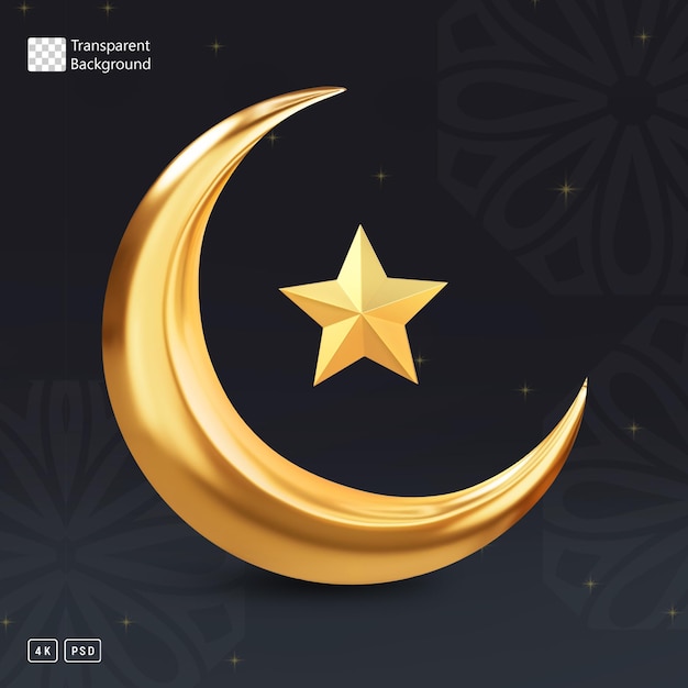 A gold star and crescent moon on a black background