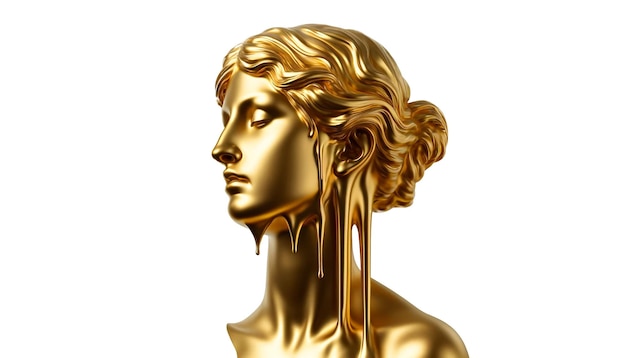 PSD gold statue of a woman melting isolated on white background