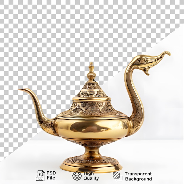 a gold teapot with a gold handle and a picture of a bird on it