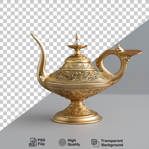 a gold teapot with a handle and a picture of a teapot on it