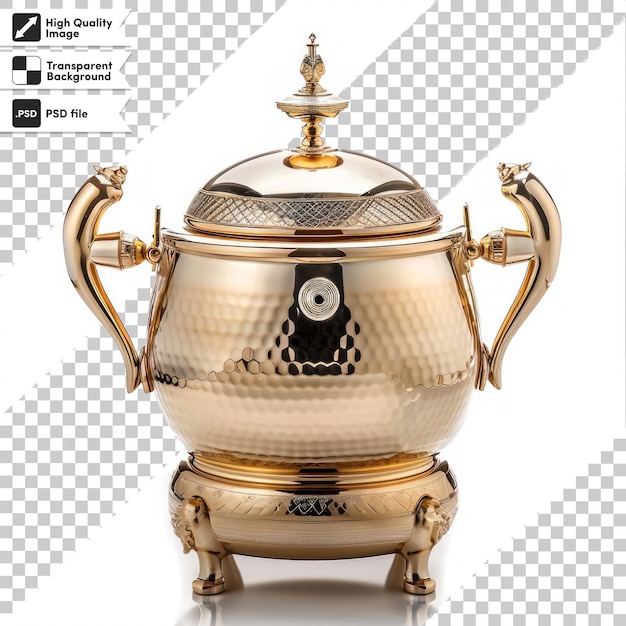 PSD a gold teapot with the word the time of 5 00 on it