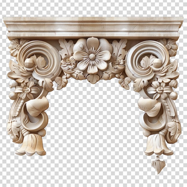 a gold and white carved antique window frame with flowers and leaves