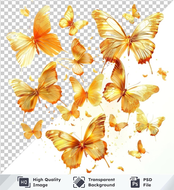 Golden abstract butterflies and a yellow flower isolated on transparent background