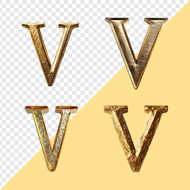 Golden alphabet V on transparent background