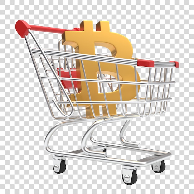 Golden bitcoin sign in shopping cart isolated on white background Currency in the trolley 3D render