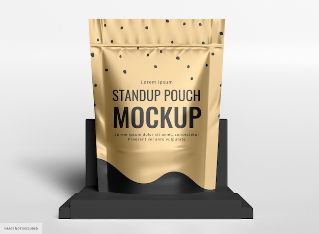 Golden Black Matte Plastic Seal Bag Mockup on Black Podium