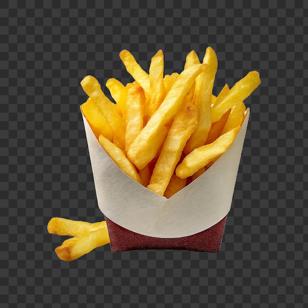 Golden brown French fries piled high in a red and white striped paper