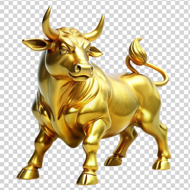 A golden bull statue with horns and a gold robe on transparent background