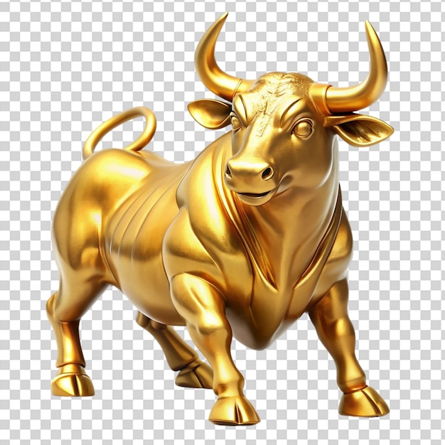 A golden bull statue with horns and a gold robe on transparent background