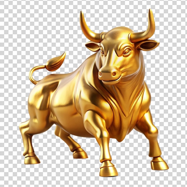 A golden bull statue with horns and a gold robe on transparent background