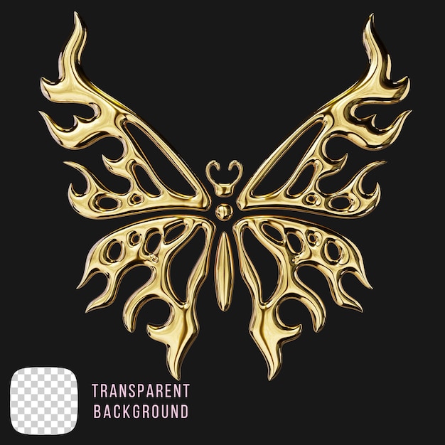 Golden butterfly y2k abstract shape 3d rendering psd