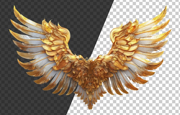 Golden carved wings with intricate design on transparent background stock png