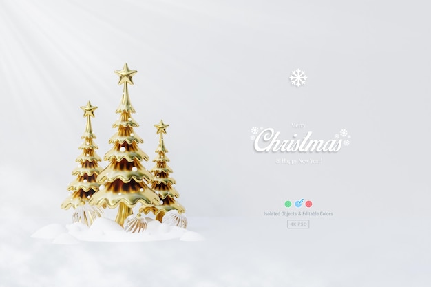 Golden Christmas tree with bauble balls background template 3d illustration isolated