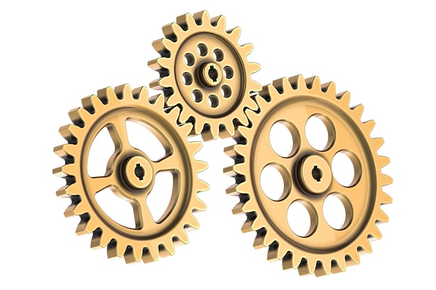 PSD golden cogs and gear wheel mechanisms 3d rendering isolated on transparent background