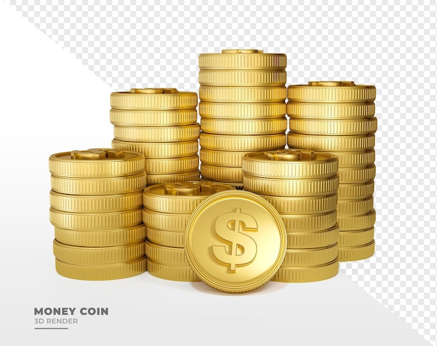 Golden coin with dollar icon in realistic 3d render with transparent background