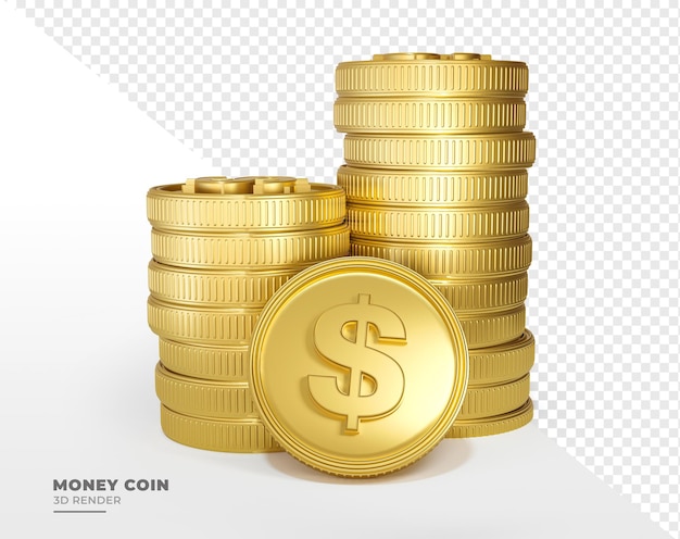 Golden coin with dollar icon in realistic 3d render with transparent background