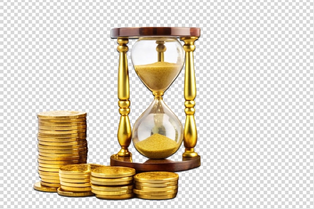 Golden coins and hourglass clock png