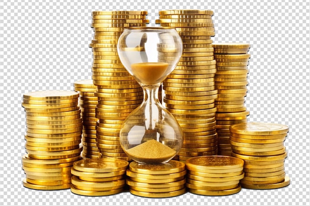 PSD golden coins and hourglass clock png