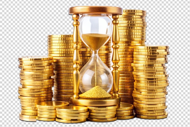 Golden coins and hourglass clock png