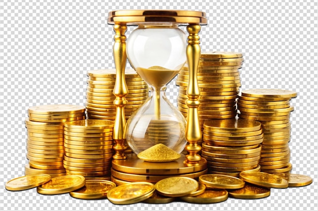 PSD golden coins and hourglass clock png