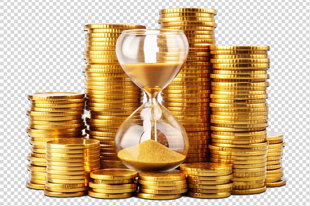 PSD golden coins and hourglass clock png