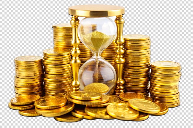 Golden coins and hourglass clock png