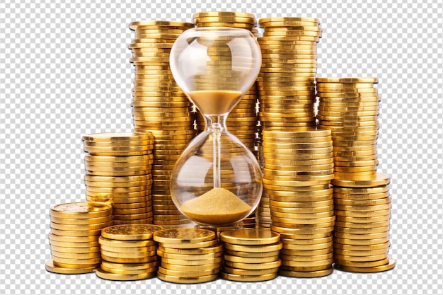 Golden coins and hourglass clock png