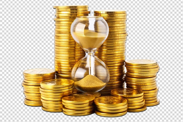 Golden coins and hourglass clock png