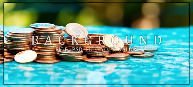 PSD golden coins piled on a blue surface