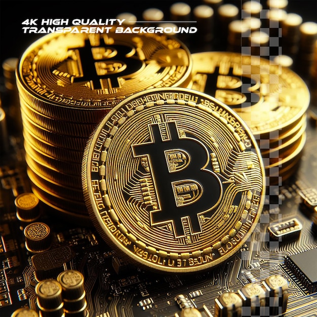 Golden coins with bitcoin symbol on a mainboard on transparent background