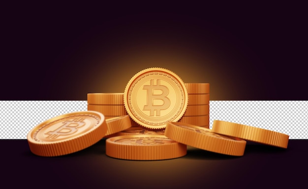 Golden coins with cryptocurrency bitcoin symbol 3d rendering