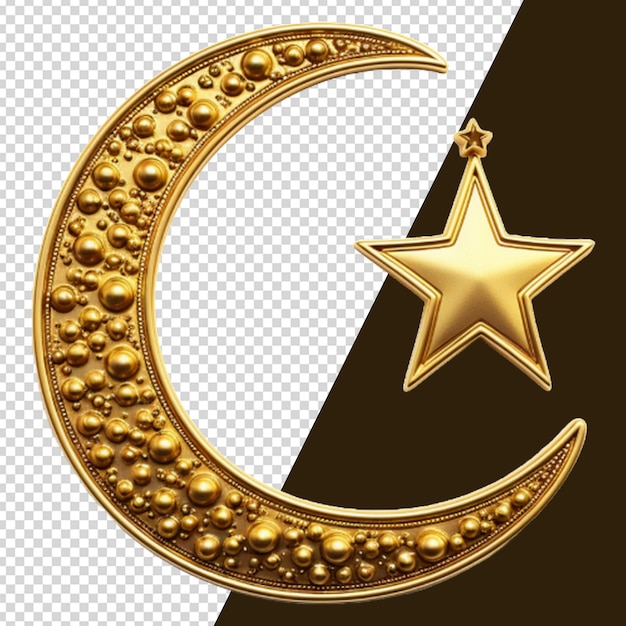 Golden crescent moon with stars isolated on transparent background