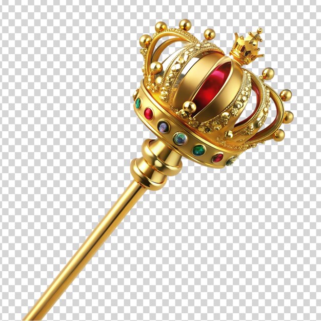 PSD a golden crown on top of a golden staff with a red gem in the center