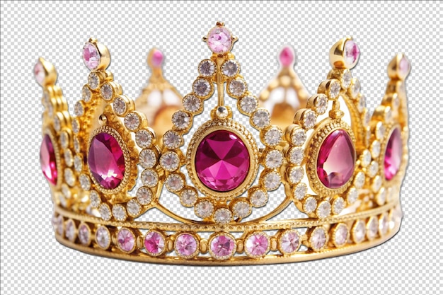 golden crown with pink diamonds on Transparent background