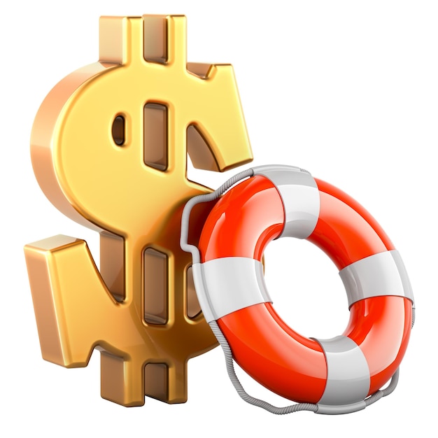 Golden Dollar Symbol with Lifebuoy 3D rendering isolated on transparent background